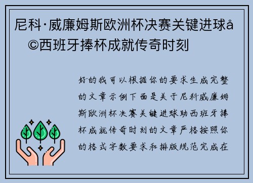 尼科·威廉姆斯欧洲杯决赛关键进球助西班牙捧杯成就传奇时刻